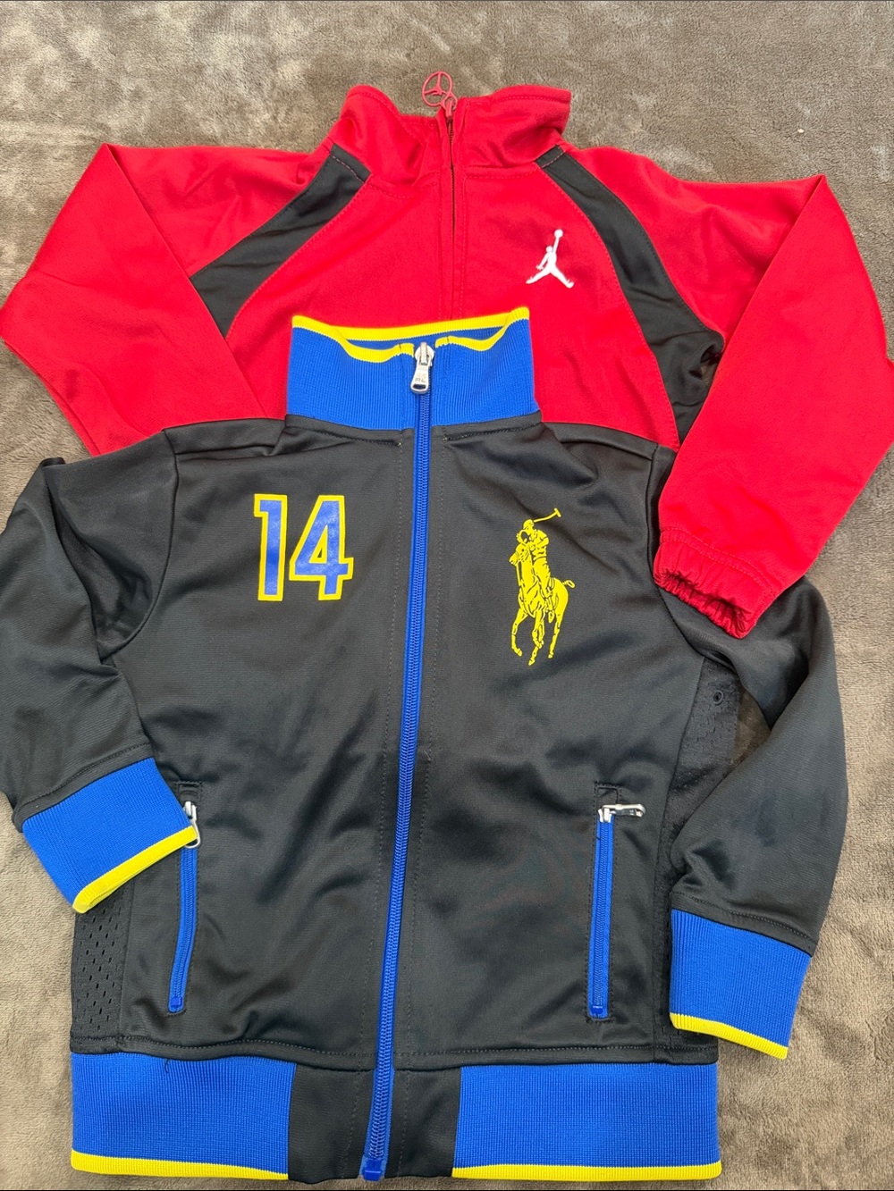 Polo by Ralph Lauren Black & Blue with yellow trim. Jordan Red and Black full zi